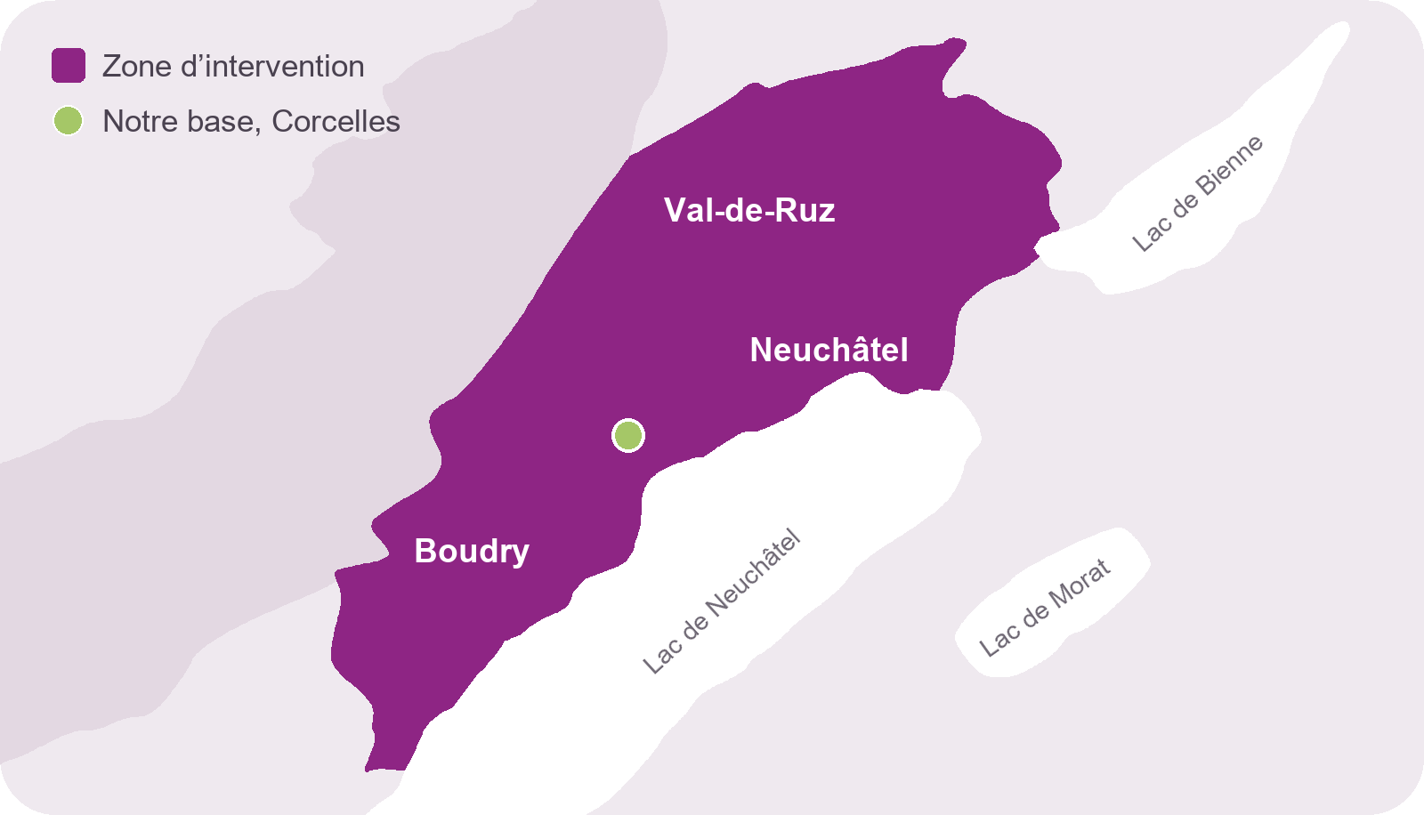 Carte de la zone d’intervention : Littoral neuchâtelois et Val-de-Ruz, base à Corcelles